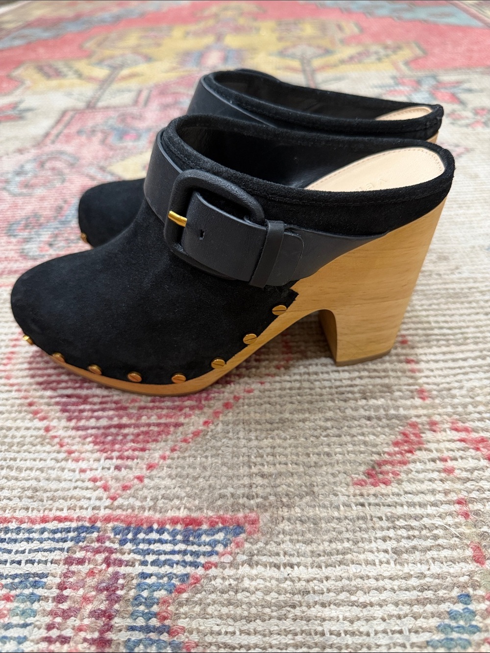 Veronica Beard Black Suede Clog Mules with Wooden Heel